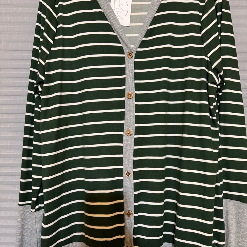 Green Striped Cardigan with Gray Trim
